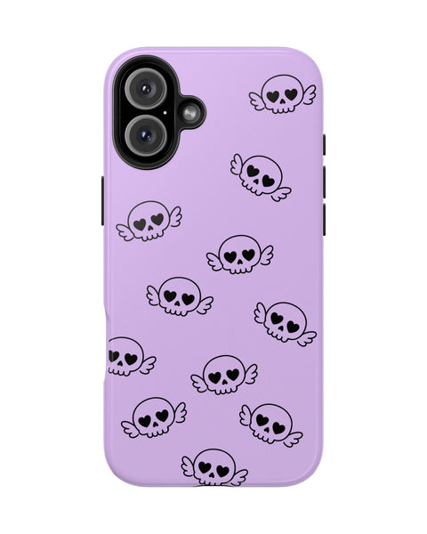 Purple phone case with black skull patterns on a white background