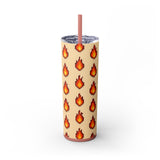 Tumbler with pixelated fire pattern on a beige background