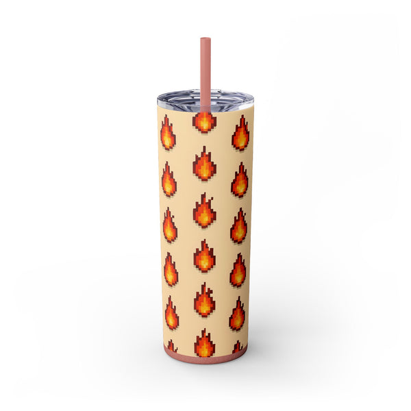 Tumbler with pixelated fire pattern on a beige background