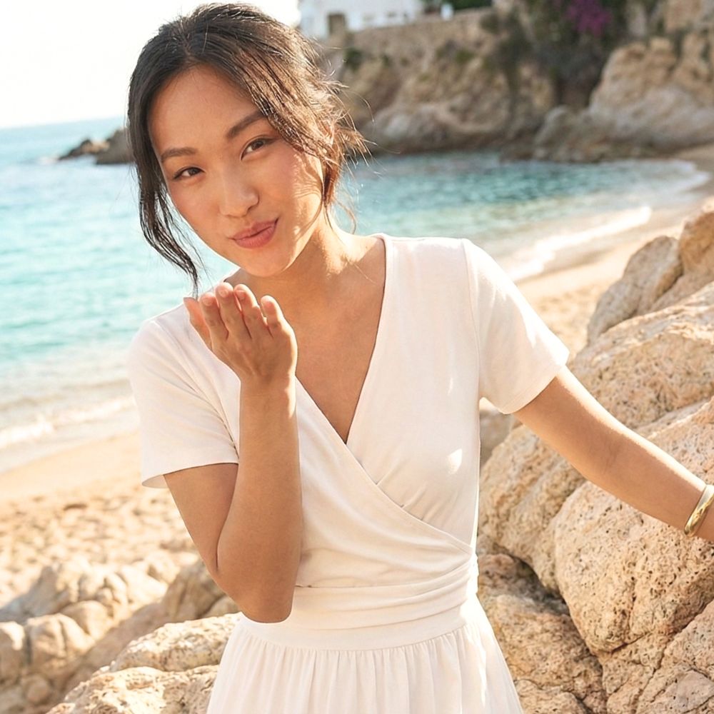 Woman in a white v-neck dress blowing a kiss on a rocky beach with turquoise water.