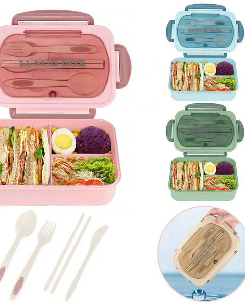 Pink and green bento boxes with compartments filled with food and utensils on a white background.
