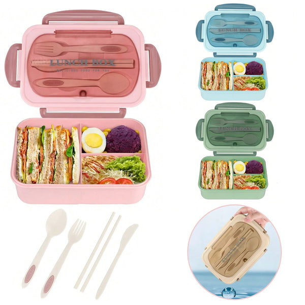 Pink and green bento boxes with compartments filled with food and utensils on a white background.