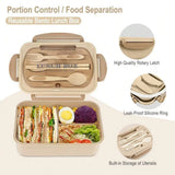bento lunch box with compartments, utensils, and food items on a white background.
