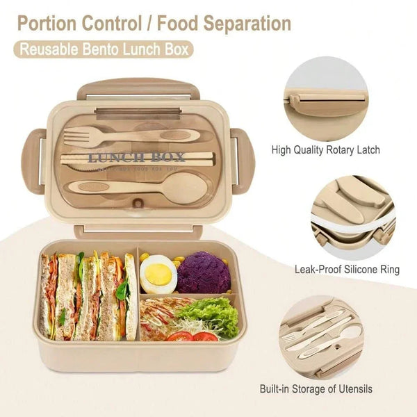 bento lunch box with compartments, utensils, and food items on a white background.