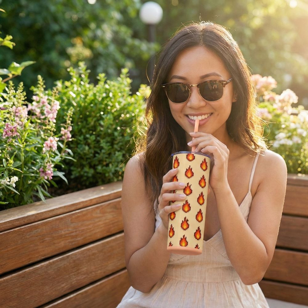 Woman drinking from a tumbler with a pixel art fire pattern outdoors