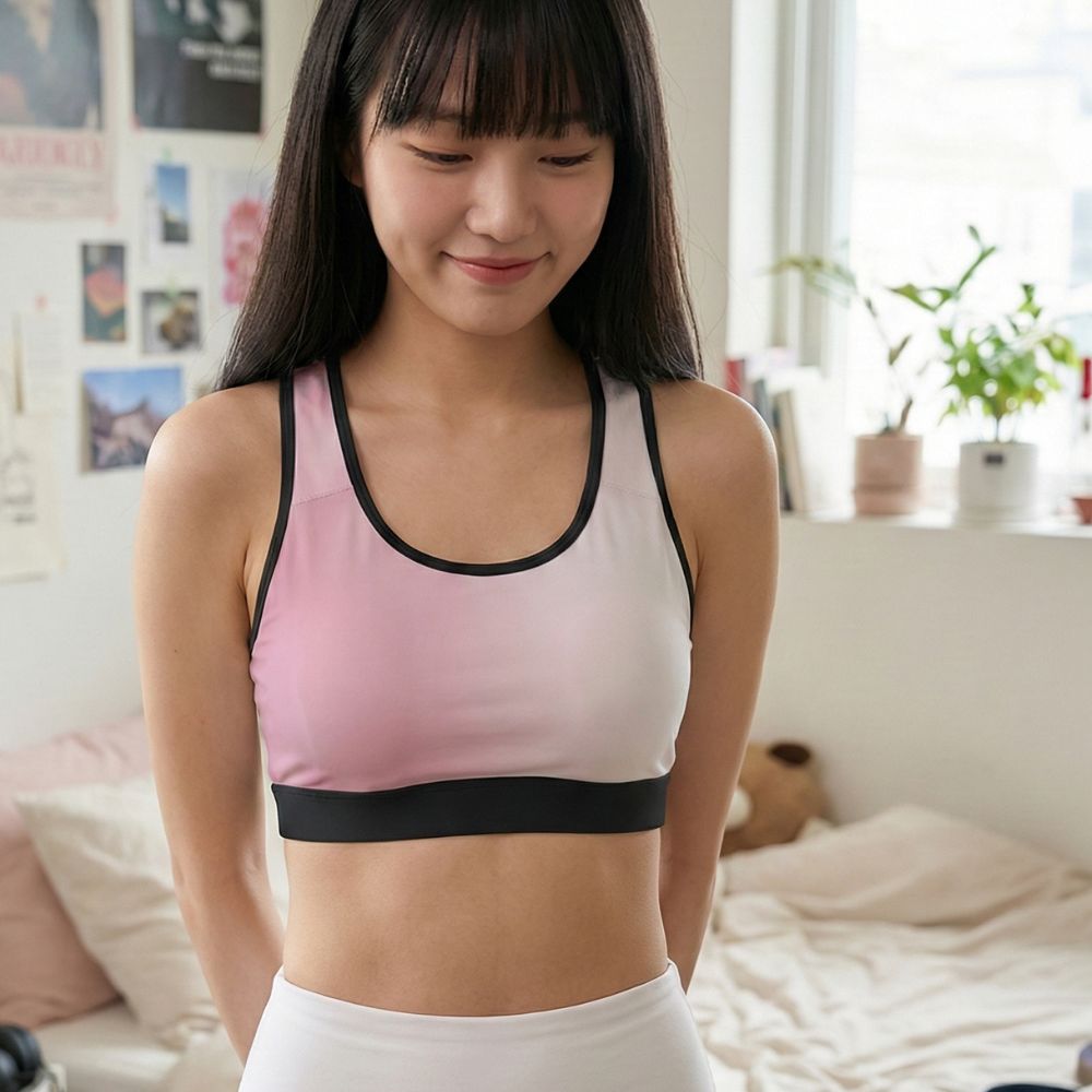 Asian woman wearing a pink wireless bra in a bedroom setting