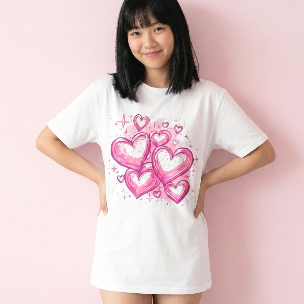 Asian girl wearing an oversized white t-shirt with pink heart design on a pink background