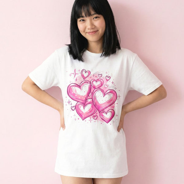 Asian girl wearing an oversized white t-shirt with pink heart design on a pink background