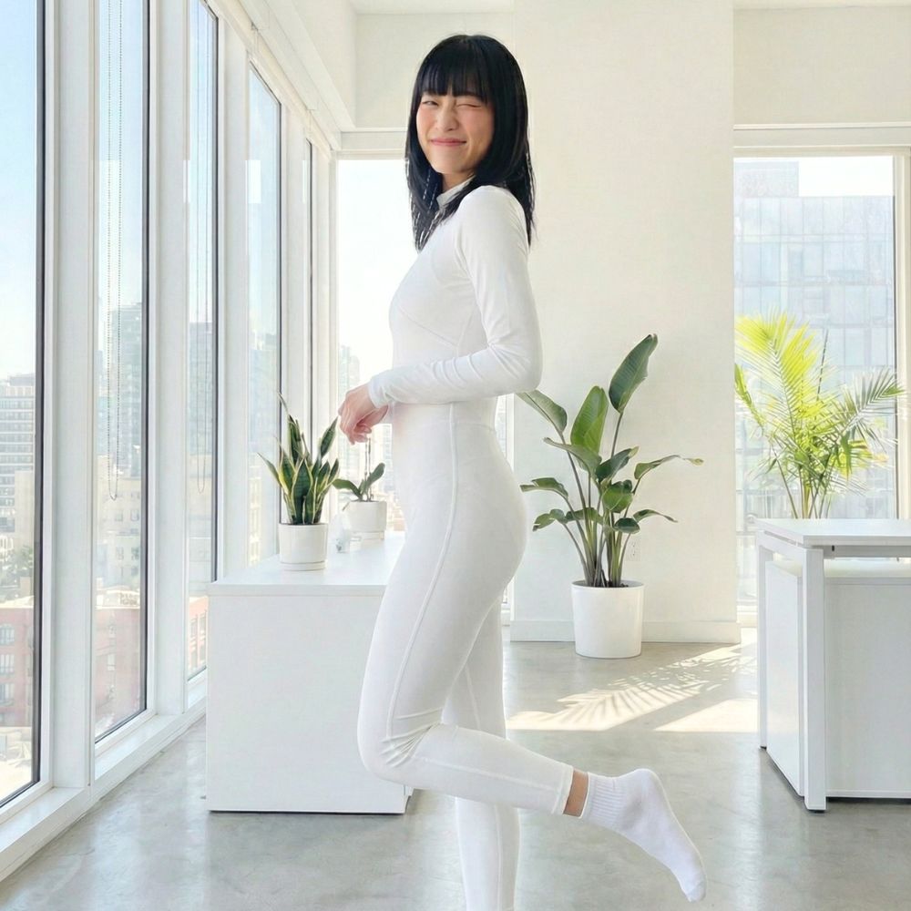 Woman turned to the side wearing a white jumpsuit in a bright room with large windows and plants.