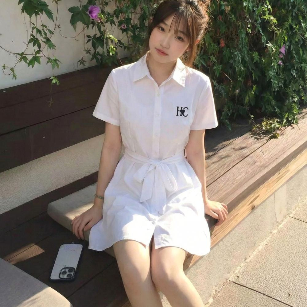 Heart Circle Short Sleeve Dress With Sash