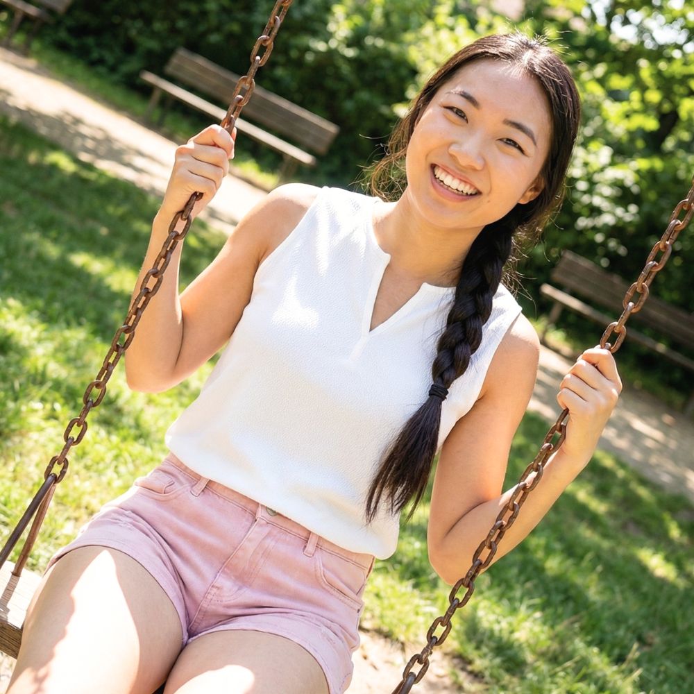 Woman wearing a white v-neck sleeveless top and pink shorts swinging on a swing set in a park with greenery